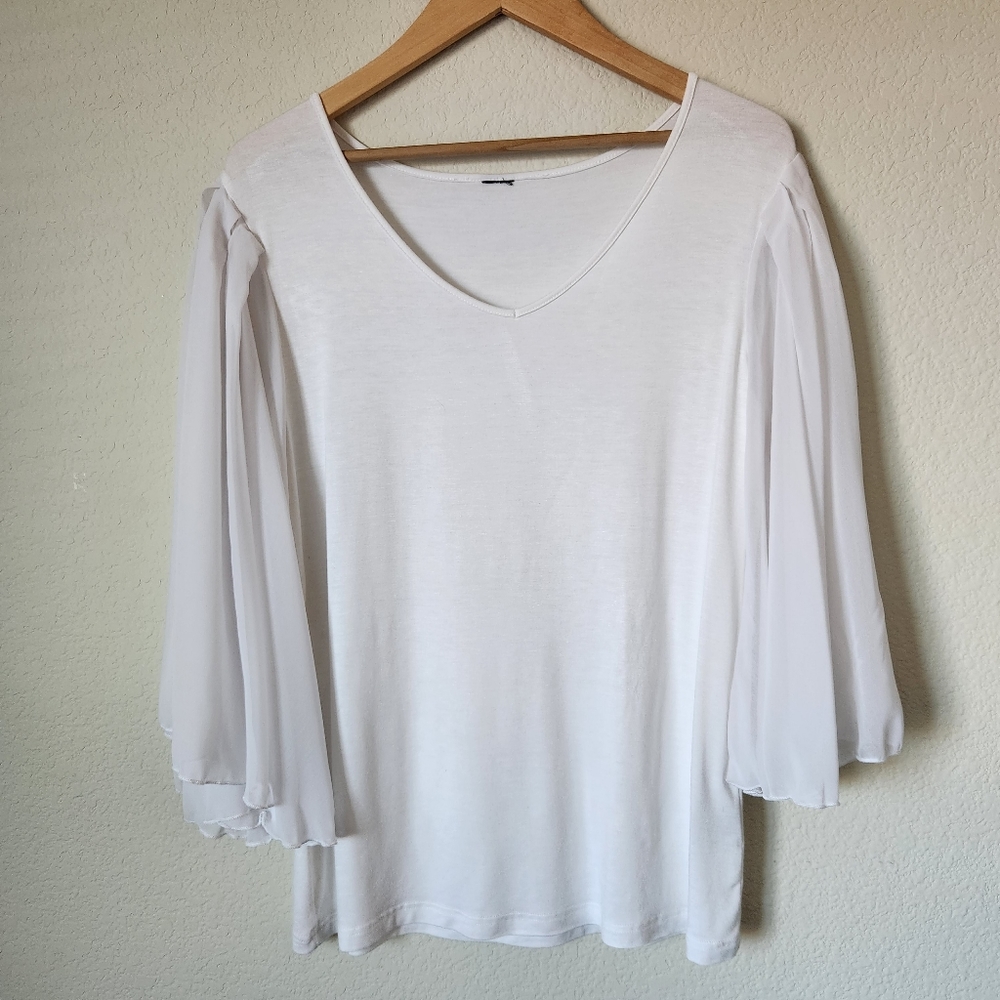 White Oversized T-Shirt Blouse with Sheer 3/4 Bell Sleeve